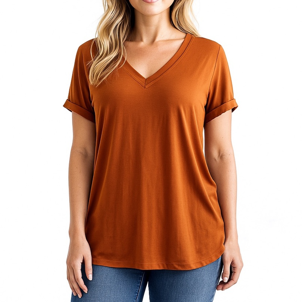 Zenana Oversized V-Neck Tunic Tee Rust Brown Stretchy Cuffed Sleeve Top L
